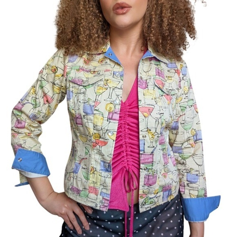 Vintage 90s Artsy Whimsy Pastel Pale Yellow Cocktail Print Button Up Jacket